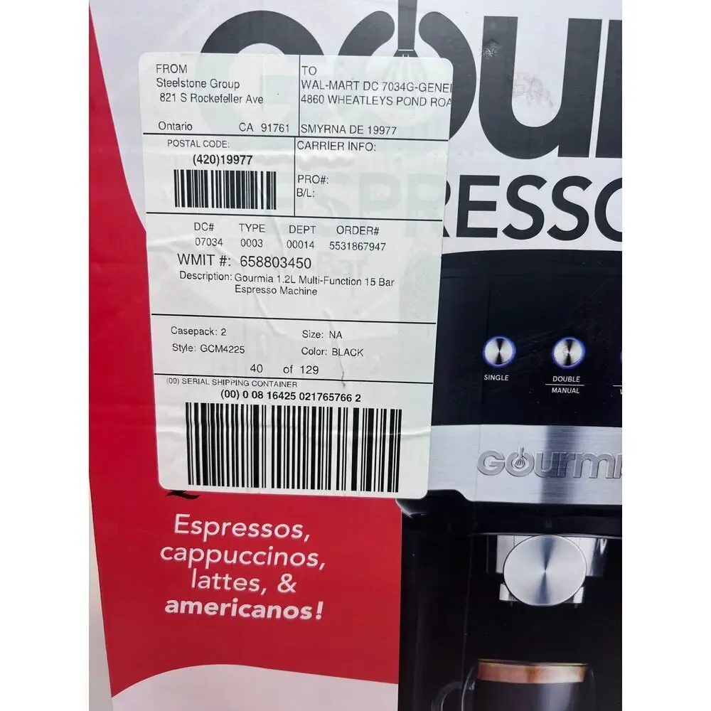 Gourmia Espresso Maker 15 Bar Pump Single Or Double Shots Model No. GCM4225 NEW